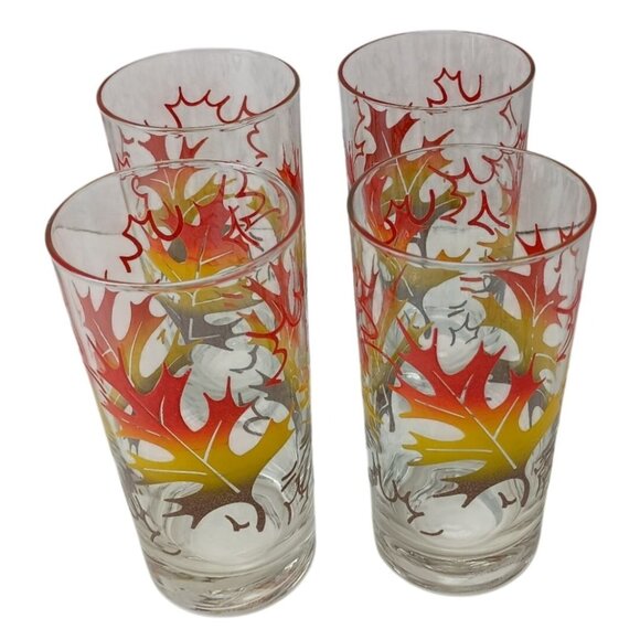 Vintage Fall Oak Leaves Orange/Yellow/Brown Retro Glass Tumblers Set Of 4 - Picture 1 of 6